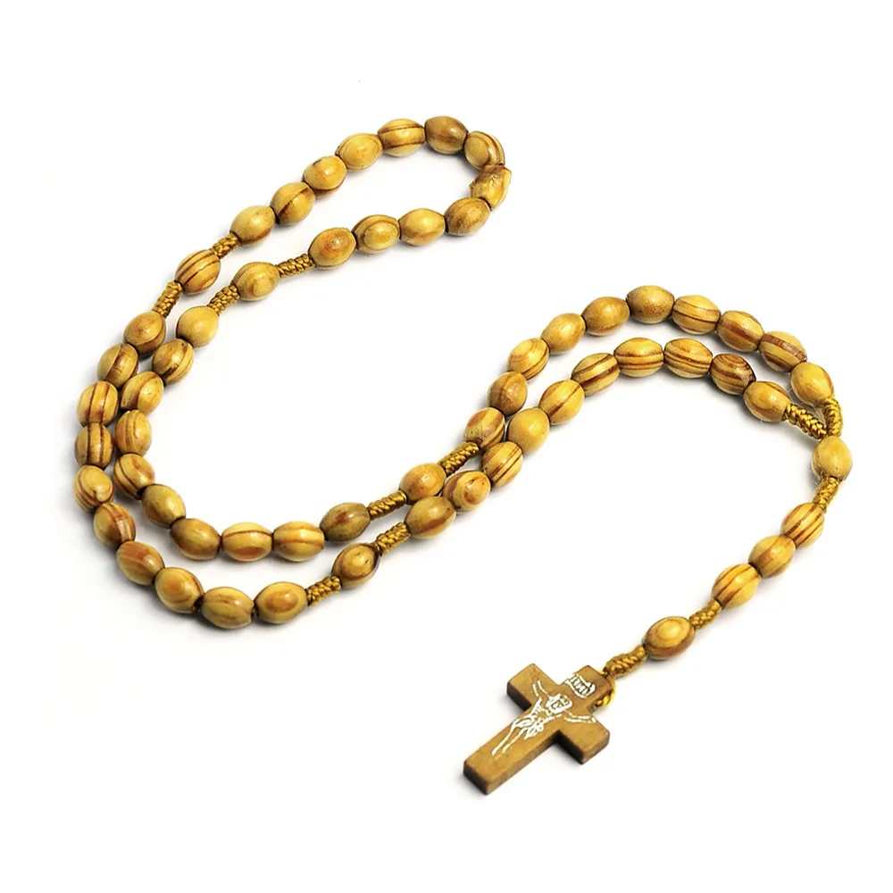 Catholic rosary natural wooden beads cross holding prayer beads oval patterned beads Cheap selling Rosaries wholesale