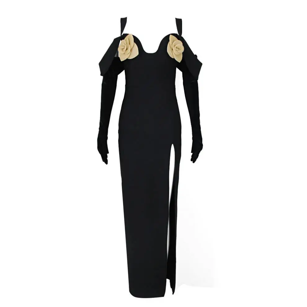 2024 Cross-border Women's Clothing Fashion Sexy Black Long Sleeve Bandeau Sling Dress Bandage Slim Flower Summer Mini Casual