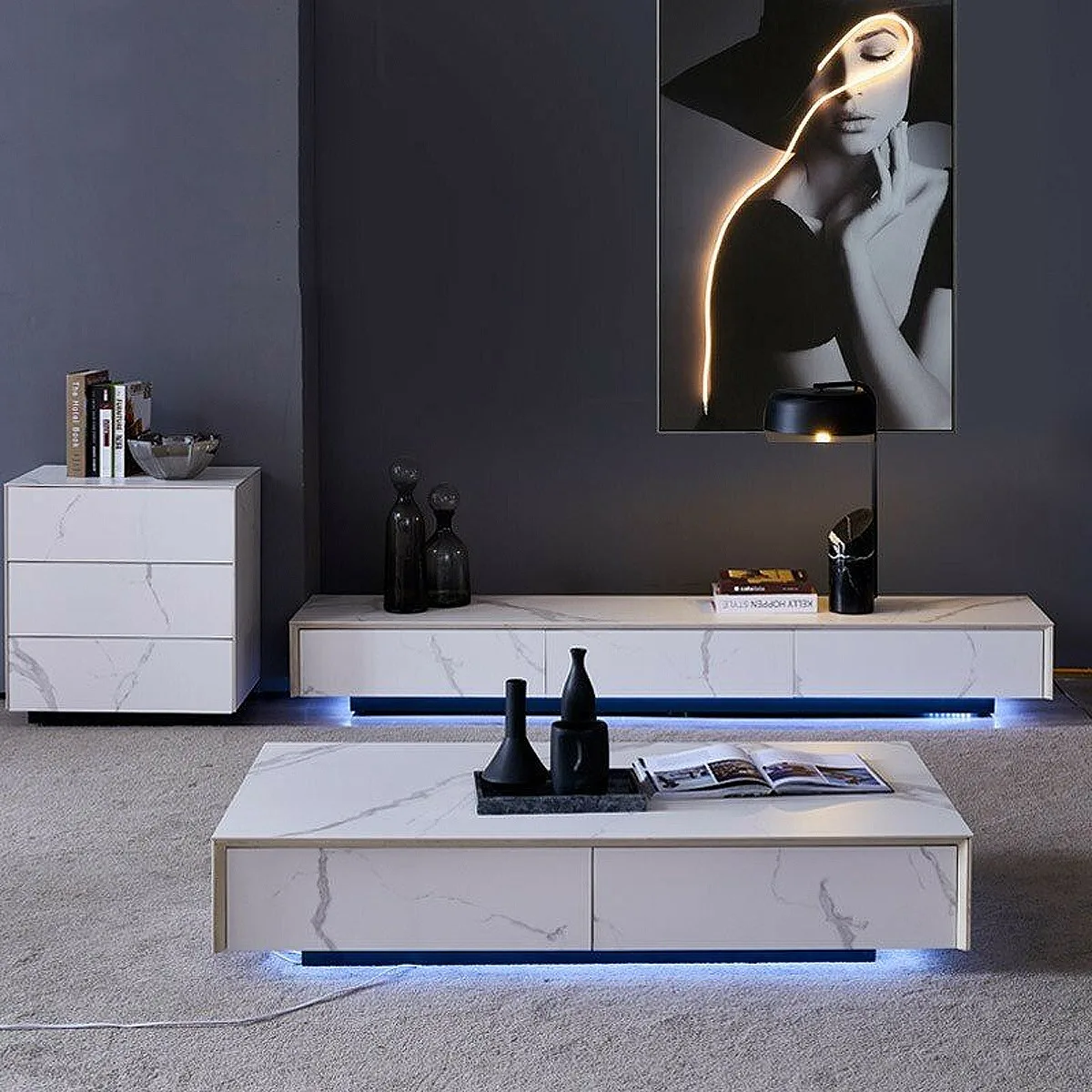 Modern Luxury High Gloss White Wholesale Blue Led Light Wooden Tempered Glass Tv Stand With Showcase