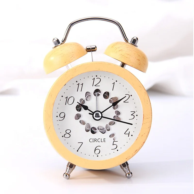 Metal twin bell alarm clock 3inch size with bamboo finishing case