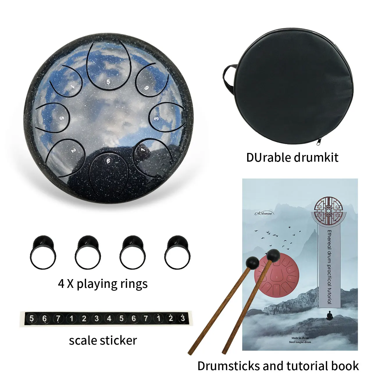ASTEMAN Steel Tongue Drum Star series Starry Black 6 inch 8 tone C key  Lotus Steel Tongue Drum