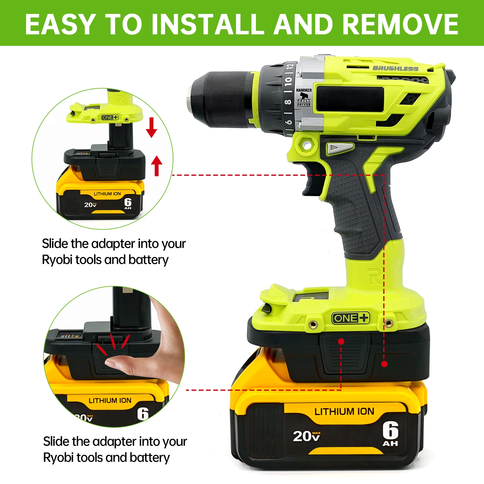 Адаптер совместимый с аккумулятором DeWalt 20 В и Milwaukee M18 для замены аккумуляторной батареи Ryobi 18