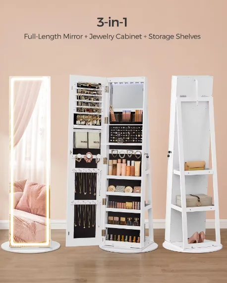 360 Degree Rotatable Jewelry Armoire with Storage Shelves Jewelry Cabinet with Full Length LED Mirror