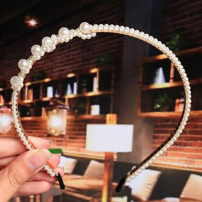 Bridal hair accessories female hand woven knotted pearl hair hoop beaded headdress bow knot crown hoop