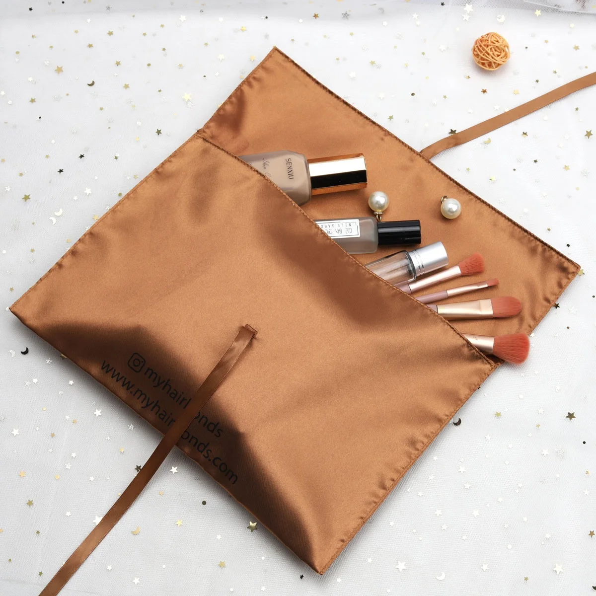 Luxury Custom Logo Printed Brown Envelope Satin Bag Purse Clothing Shoe Hair Wig Packaging Dust Gift Bag Silk Pouch