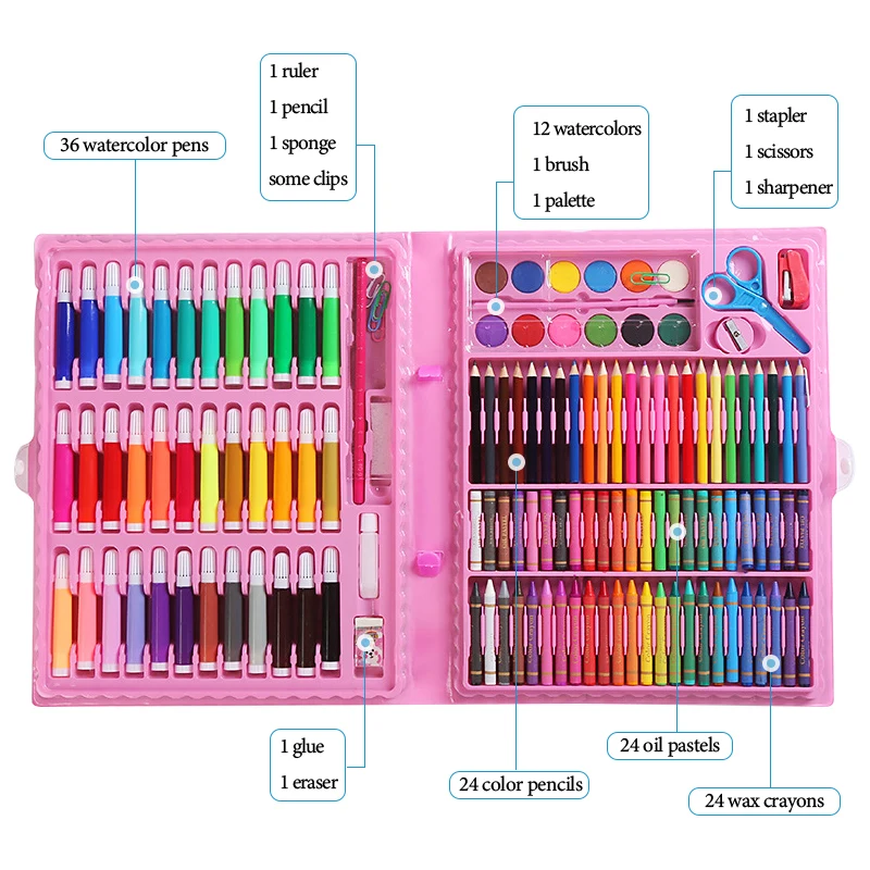 Popular 150 Pieces Art Drawing Set Crayons Oil Pastels Colored Pencils Watercolor Pen Kids Stationery Gift Set Drawing Pencil