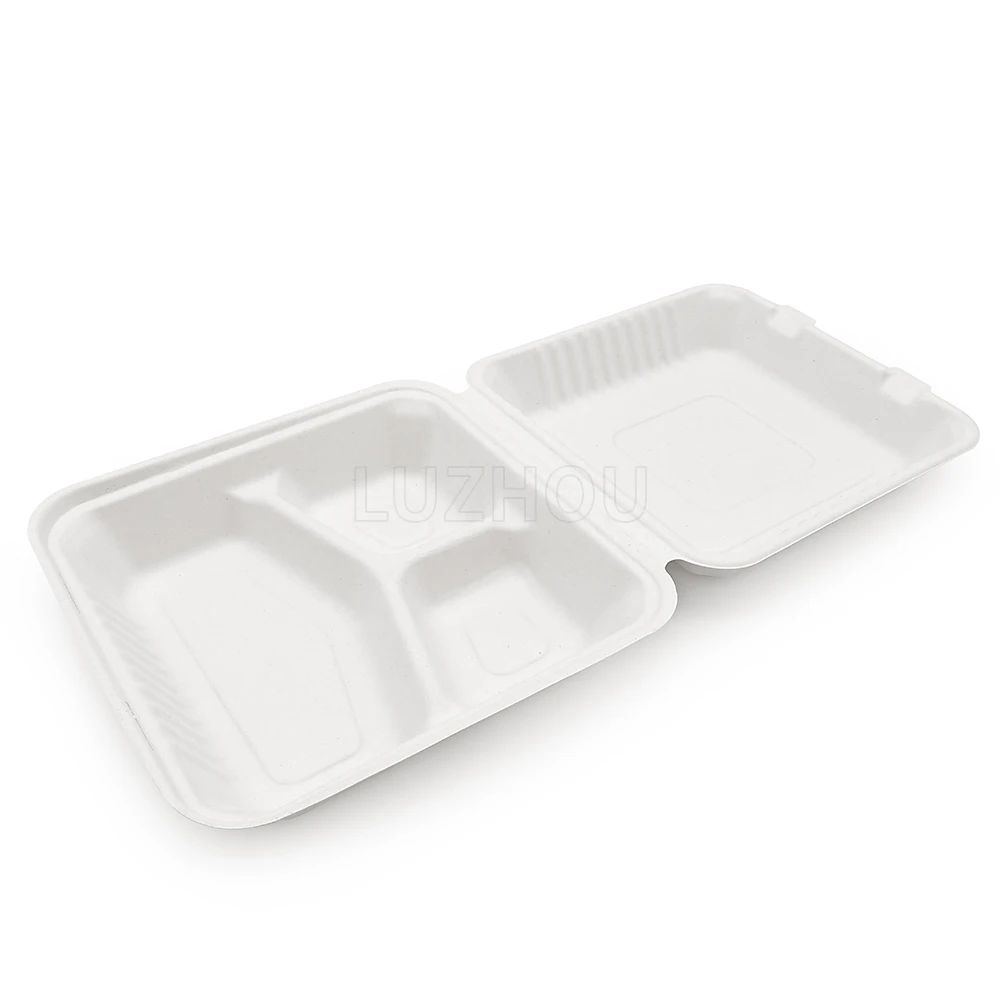 9 inch Bagasse Sugarcane 3 Compartments Lunch Box Biodegradable Compostable Food Containers With Certificates