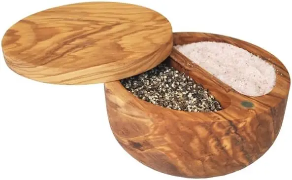 Olive Wood Salt Box Round Wooden Salt Keeper With Lid Olive Wood Seasoning Box Salt and Pepper Keeper