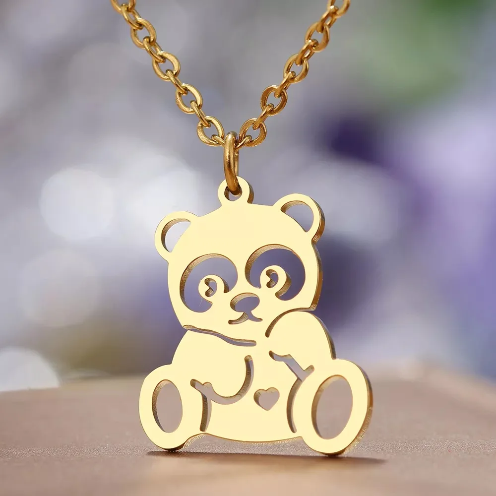 Fashion Jewelry Custom Hollowed Cute Bear Pendant 18k Gold Plated Panda Pendant Necklace For Women