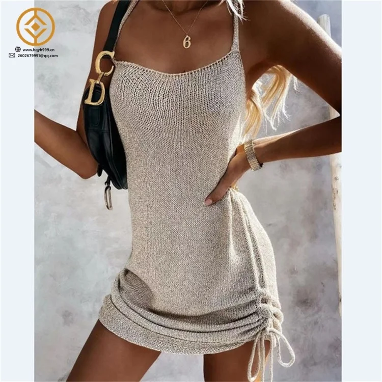 M5891-2023 new arrivals summer knitted beach dress sexy drawstring backless dress