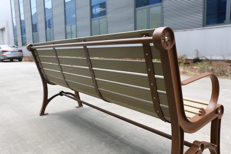 outdoor park cast iron legs wood slats bench seat outside street wood plastic composite bench seating public garden bench chair