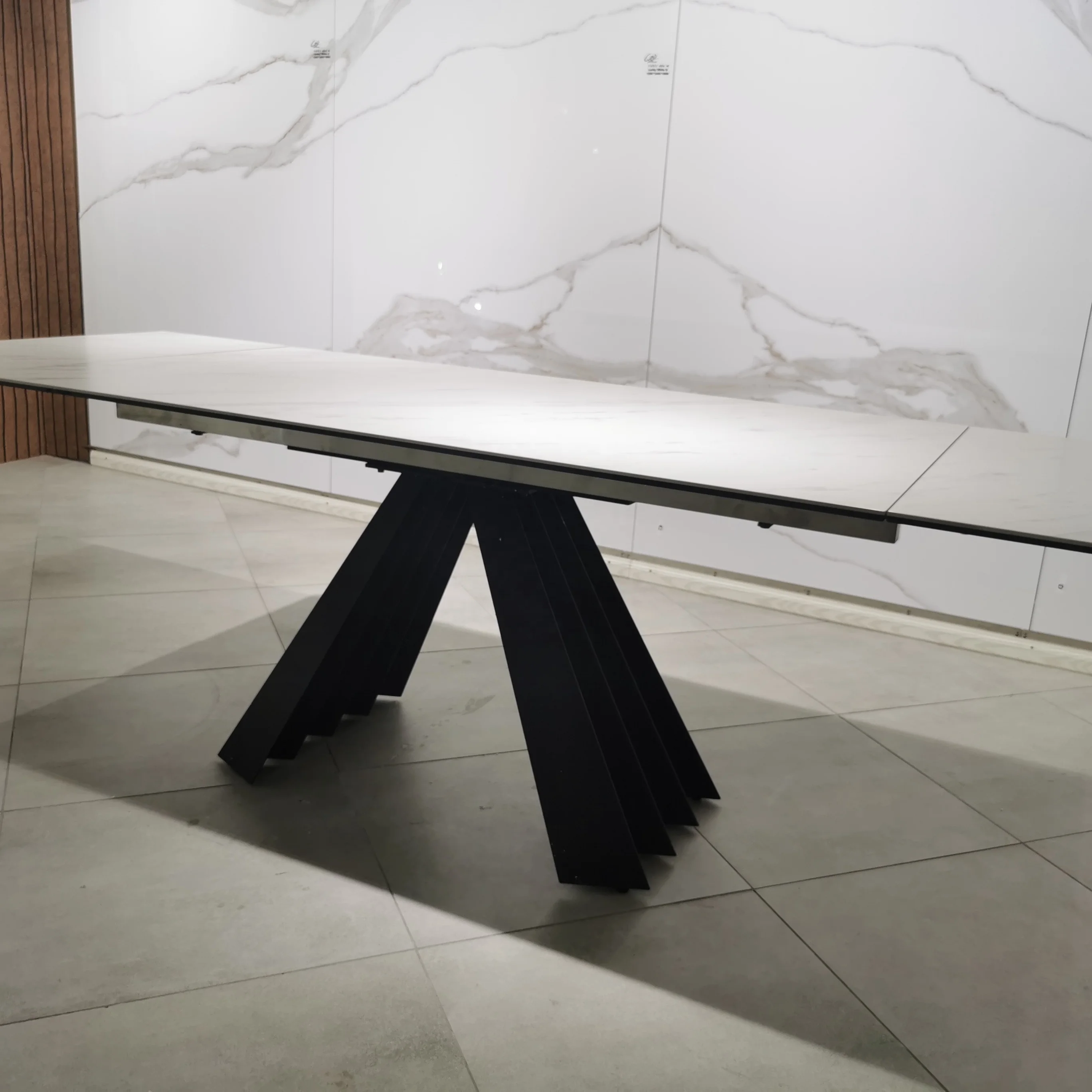 Stainless steel frame luxury furniture black metal leg extendable ceramic dining table with easy sides extension