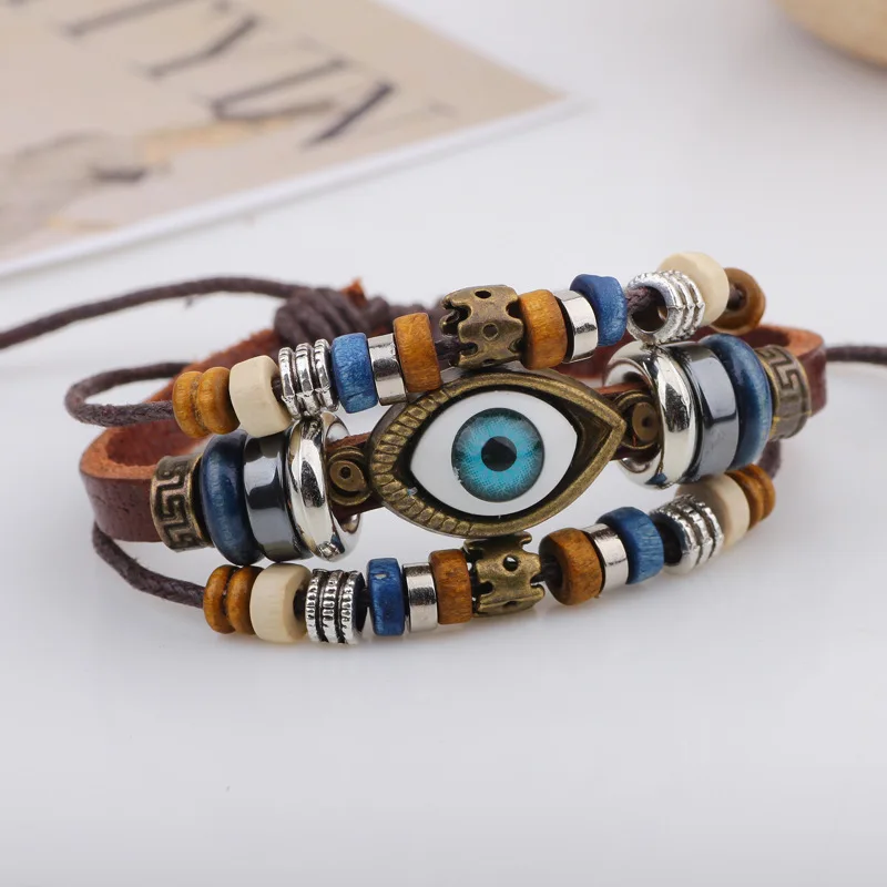 Fashion New PU Striped Leather Bracelet Amazon Hot Style Evil Charm eyes  Adjustable Round Lock Bag Bracelet