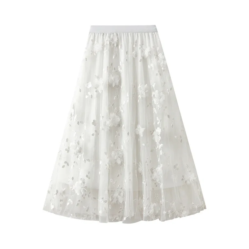 Women Skirt Embroidered A-line High Waist Long Gauze Skirt