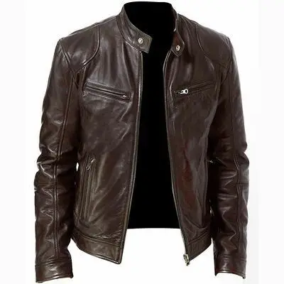 Stand collar with zipper smart casual plain motorcycle leather jacket men fashion