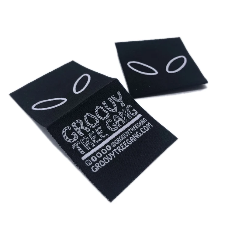 Factory Custom Woven Label Center Fold Clothing Label Tag With Company Name And Website