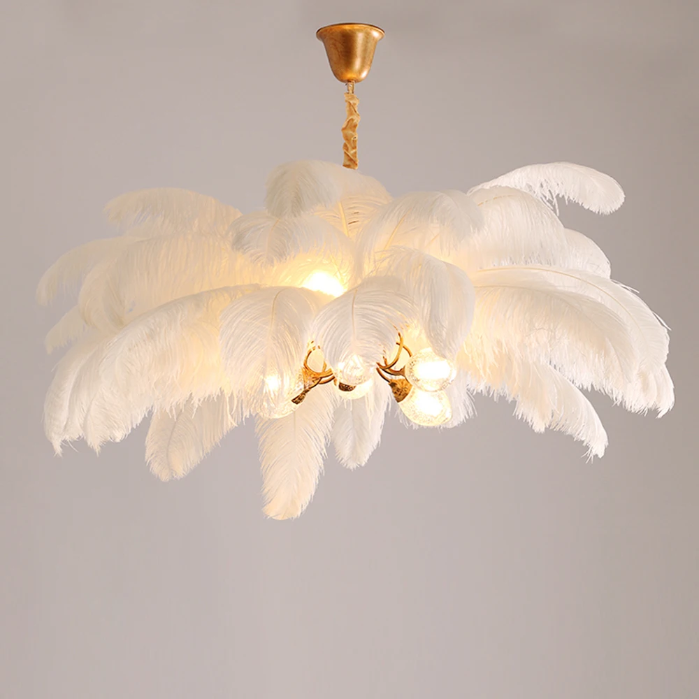 Fashionable All Copper Ostrich Feather Lamp Hanging Light Chandelier Real Feather LED Lamp with G9 Bulb for Bedroom Decoration