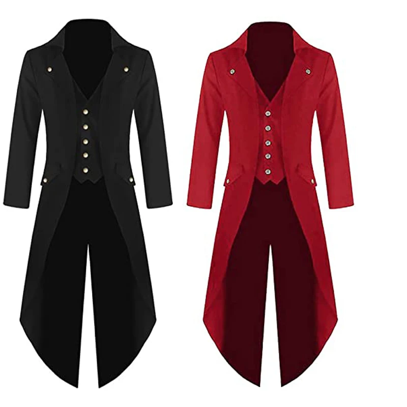 S-5XL BLACK RED PURPLE GREEN Mens Steampunk Gothic Jacket Victorian Tailcoat Vintage Halloween Costume Tuxedo Coat Uniform