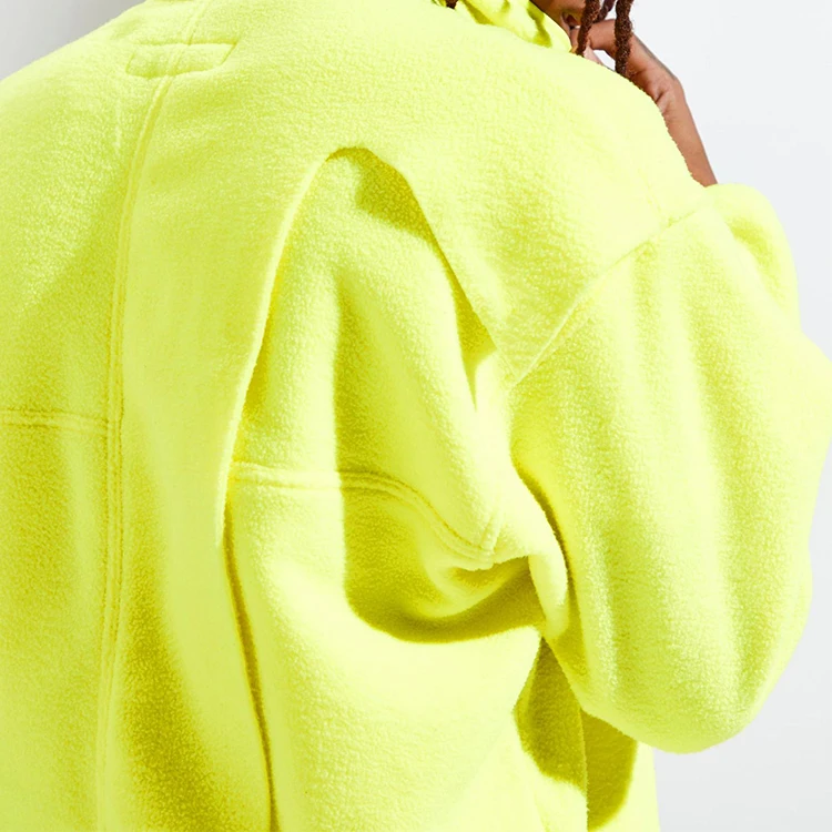 Decheng Oem Button Up Mock Neck Hoodies Oversize Trending Fluorescent Yellow Drop Shoulder Sherpa Fleece Heavyweight Hoodie