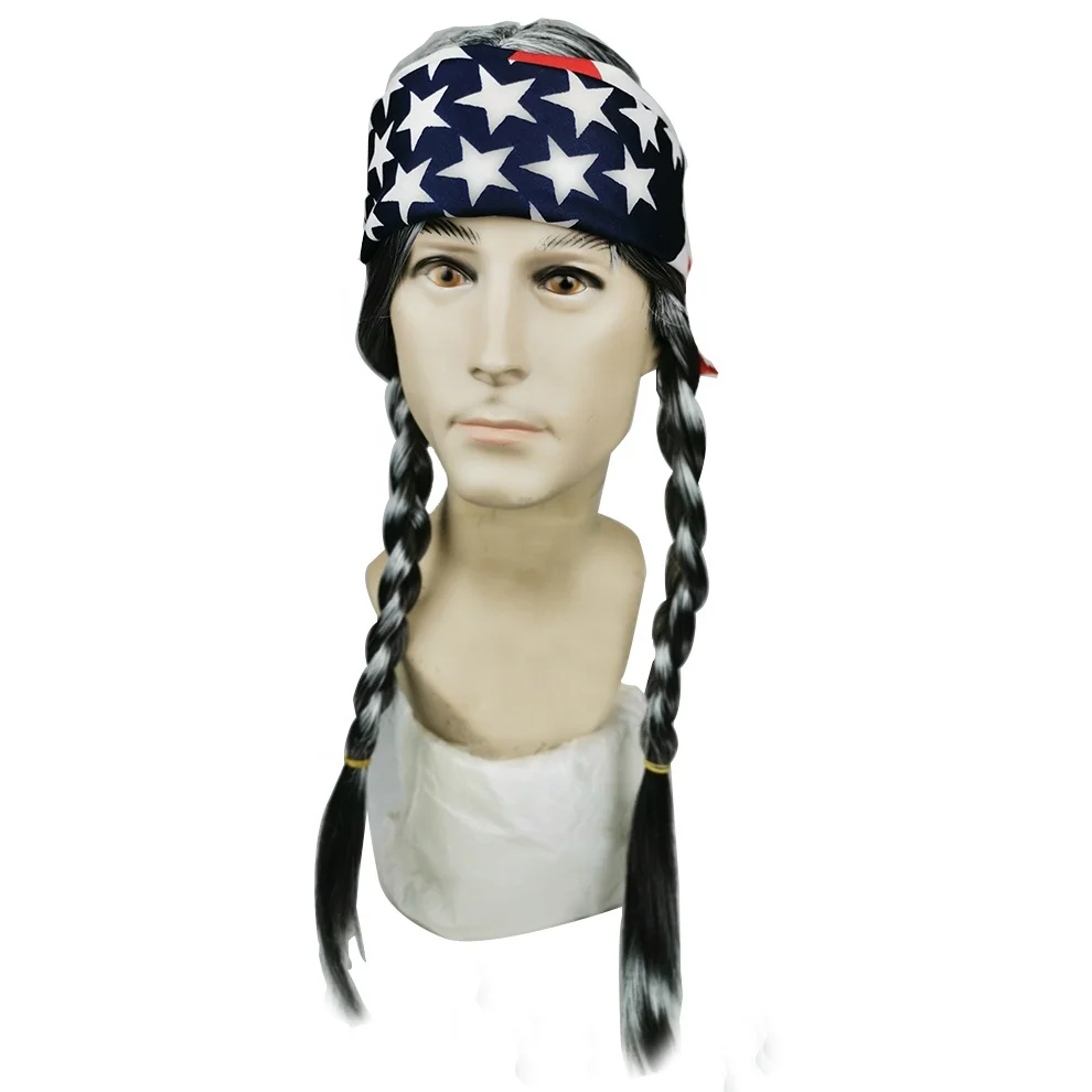 Willie Nelson Plaited long Grey Wig With American Bandana
