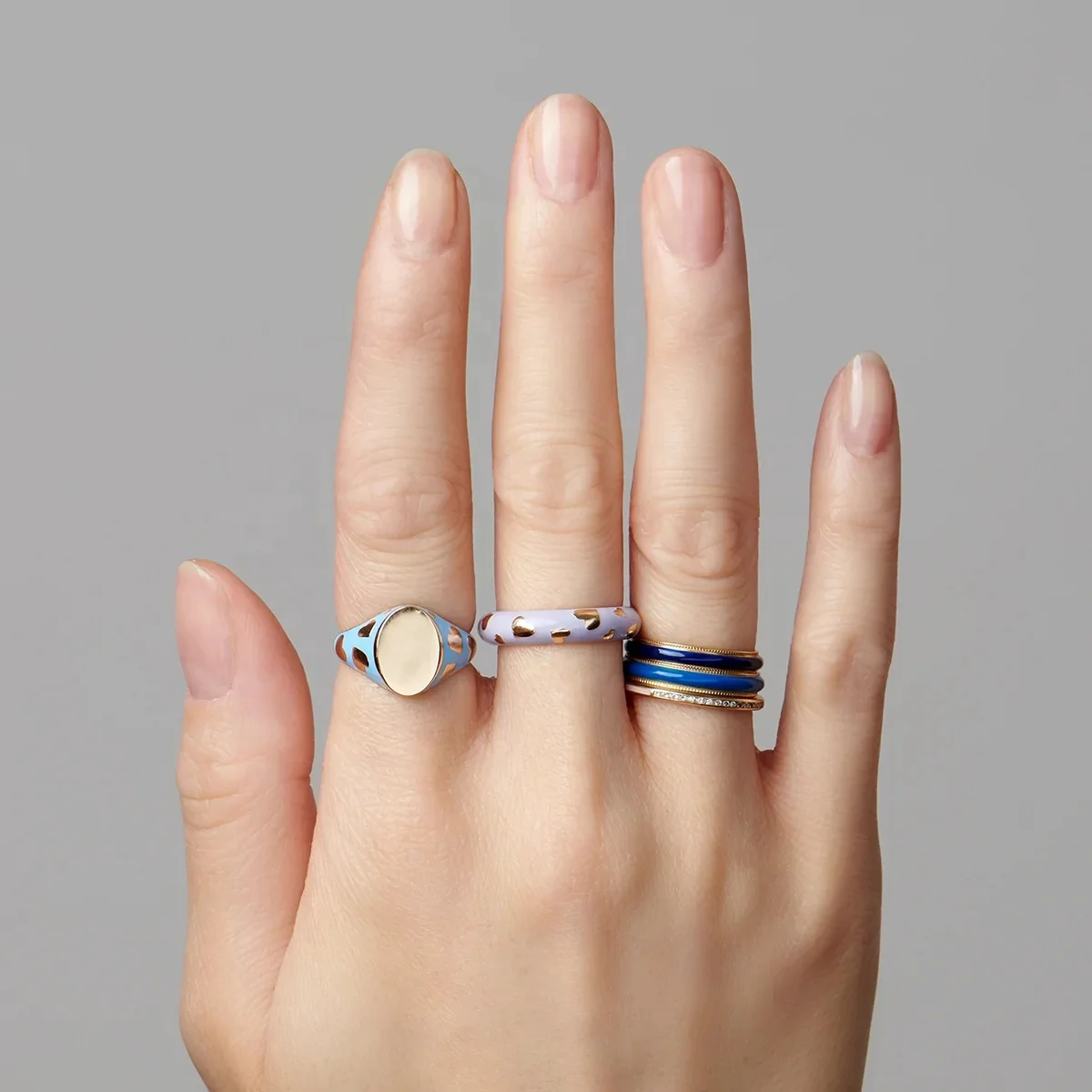 LOZRUNVE 925 Silver Fashion Jewelry Personalized Enamel Heart Signet Ring Set for Women