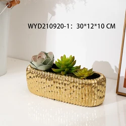 Luxury cheap fancy home decoration rectangle shape nordic gold-plated ceramic garden pot table flower pots wholesale