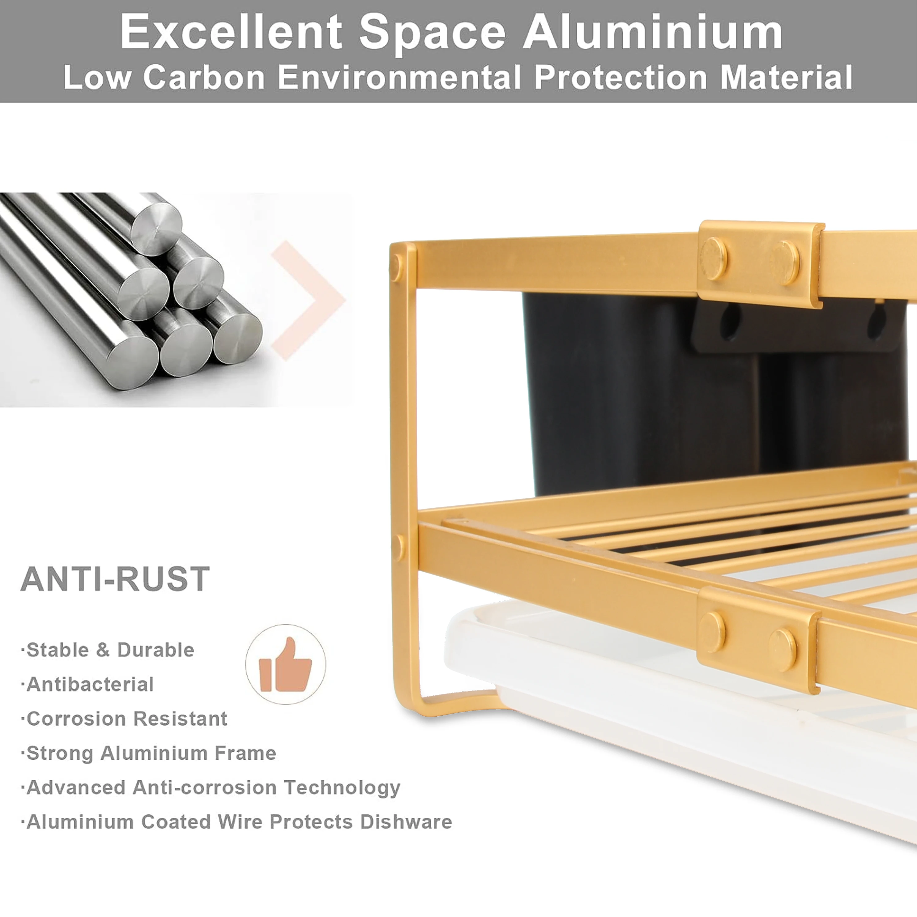 Kitchen counter Aluminum Rust Proof Dish Drying Drainer Rack with Drainboard