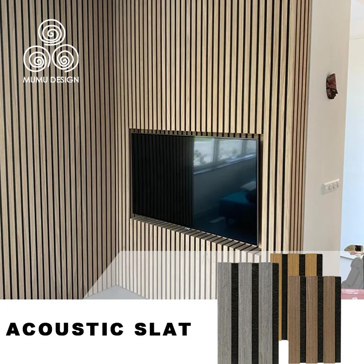 MUMU 3D Indoor Decorative Modern Wood Carved Sound Diffuser Wool Slat Plank Board Acoustic Wall Panel