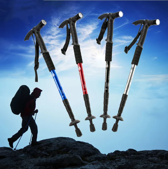 Bending handle four-section mountaineering stick multifunctional aluminum alloy with compass 9LED crutch with light