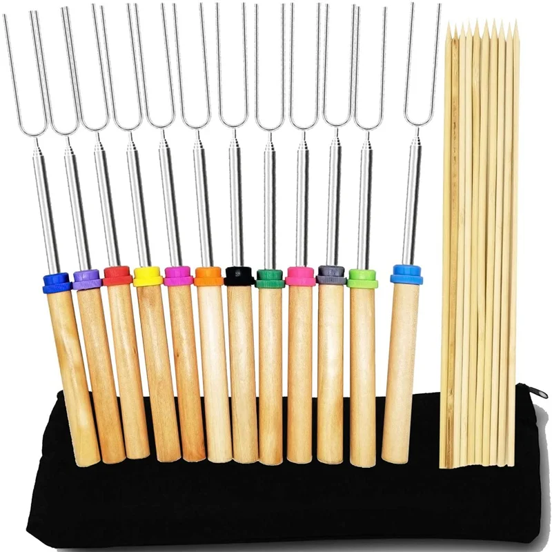 Extendable Roasting Forks Turf Cutting Tools Hot Dog Telescope Fork Round Bamboo Bbq Stick Pick With Plastic Handle