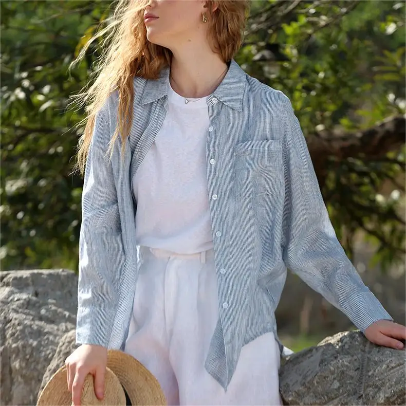 Wholesale OEM Casual Loose Long Sleeve Turn Down Collar Tops Blue White Stripe Button Shirt 100% Pure Linen Women Shirts Ladies
