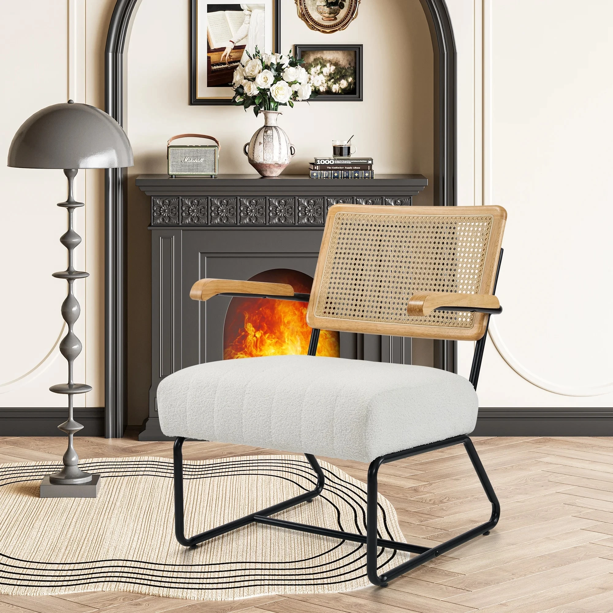 Living Room Bedroom Upholstered Sherpa Boucle Fabric Accent Chair with Rattan Backrest Solid Wood Armrest