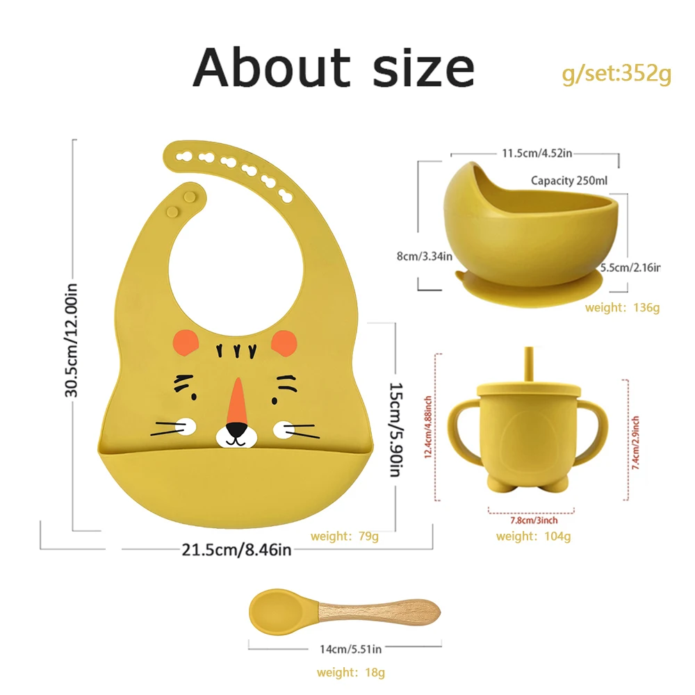 Baby Silicone Feeding Set Tableware Kit Bebe Dining Kit Print Pattern Bib Design Babero Bowl And Spoon With Straw Cup
