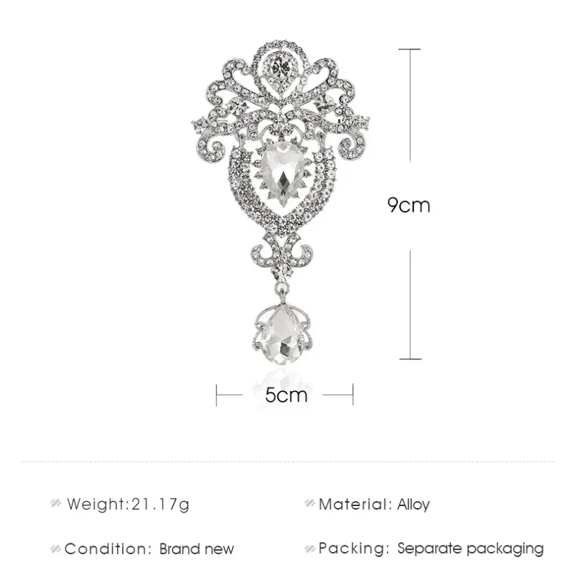 Fashion Luxury Crystal Silver Color Crown Brooch Jewelry Women Brooches for Wedding Big Water Drop Scarf Brooch Pins