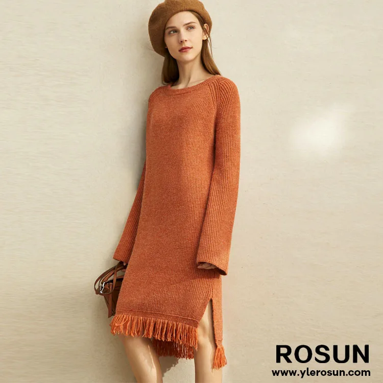 Custom Winter Warm Young Girl Straight Knitted Sweater Dress with Fringe