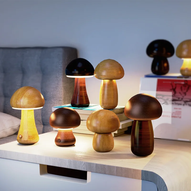Wooden Mushroom Lamp For Bedroom Warm LED Mushroom Night Light Rechargeable Nursery Lamp Portable Bedside Table lamp