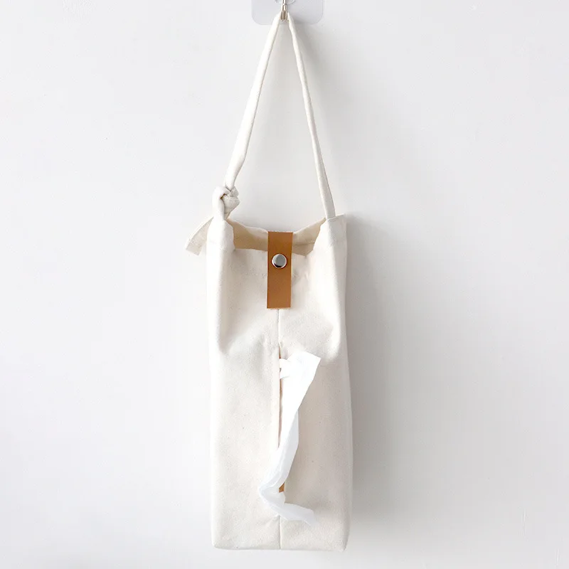 Kitchen wall hanging bag napkin paper holder bathroom towels storage canvas car tissue holder with leather strap closure