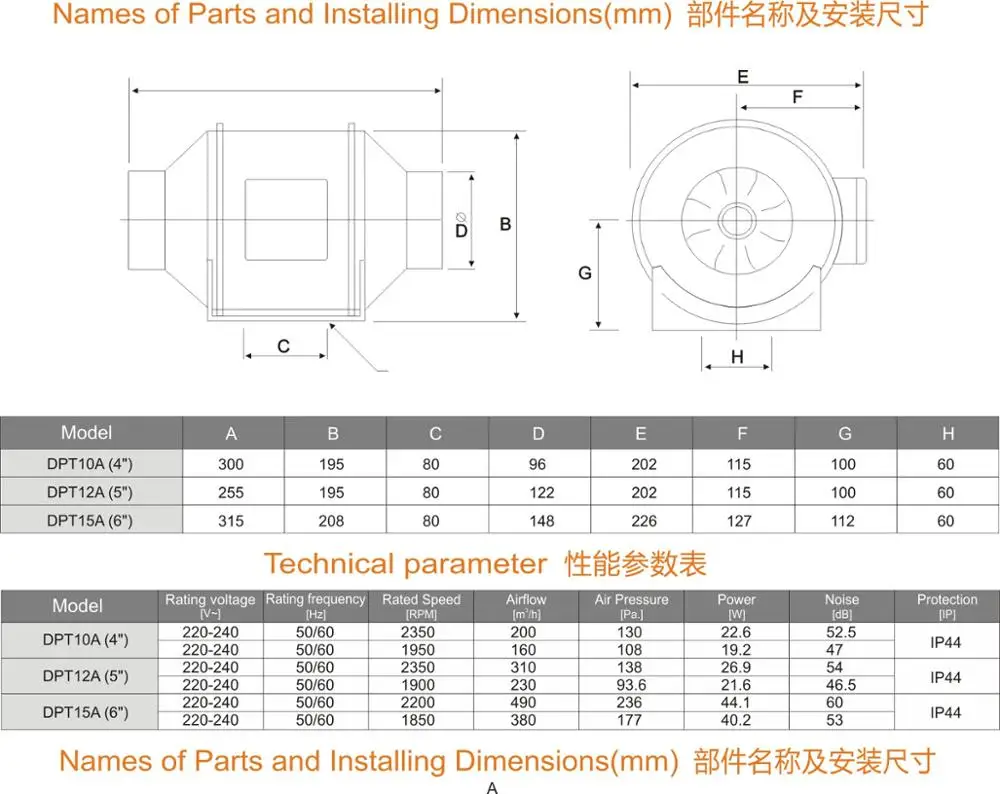 Two speed control duct fan DPT A Model Ball bearing motor mix flow inline fan
