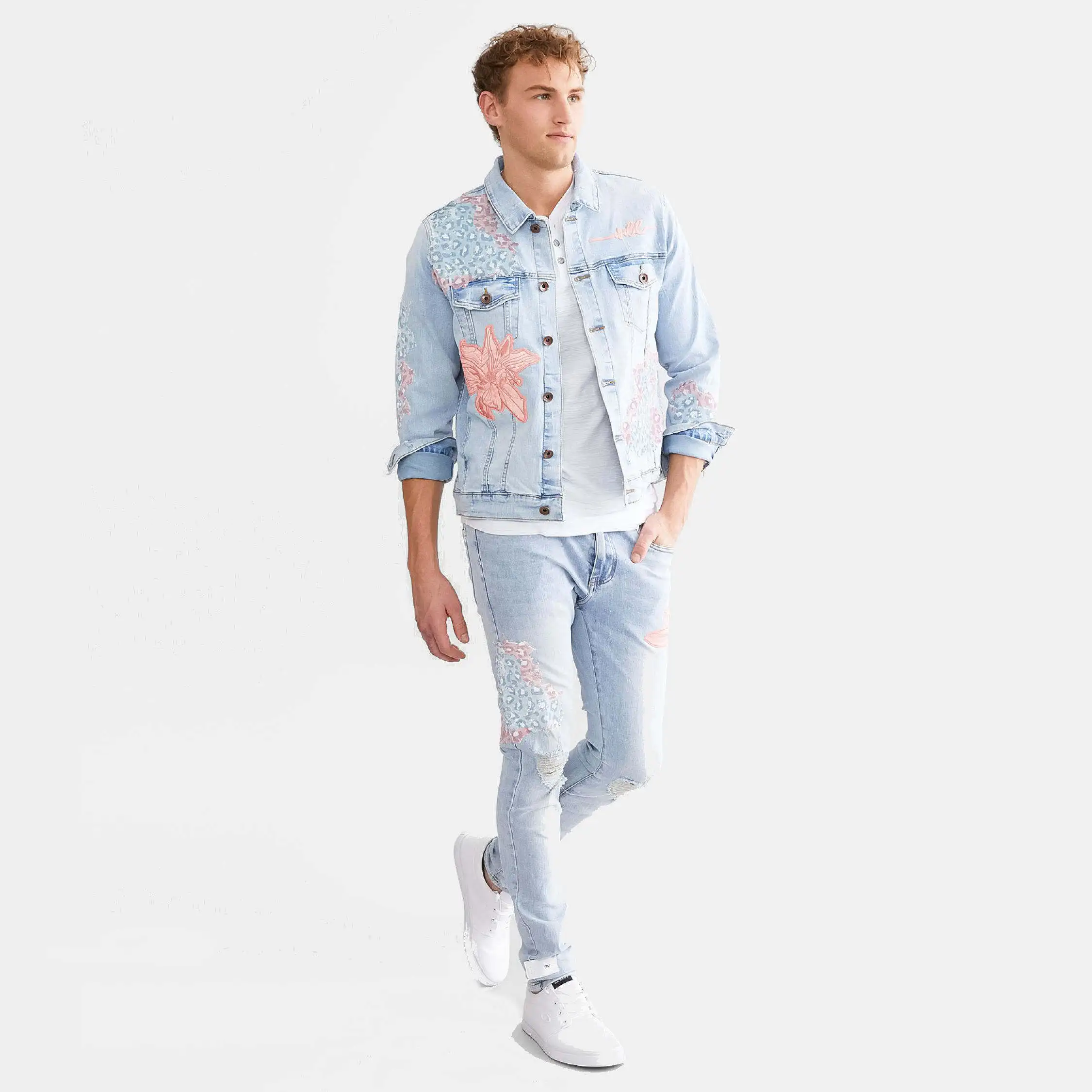 New Arrival AeeDenim custom Designers Jackets Eternity Floral destruction flocked animal print embroidered patch Denim Jacket