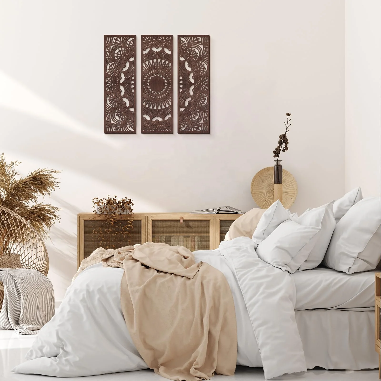 3pcs Mandala Wall Art Carved Wood Wall Art  Floral Aesthetic Set Wood Carving Wall Decor for Home Bathroom Decoration