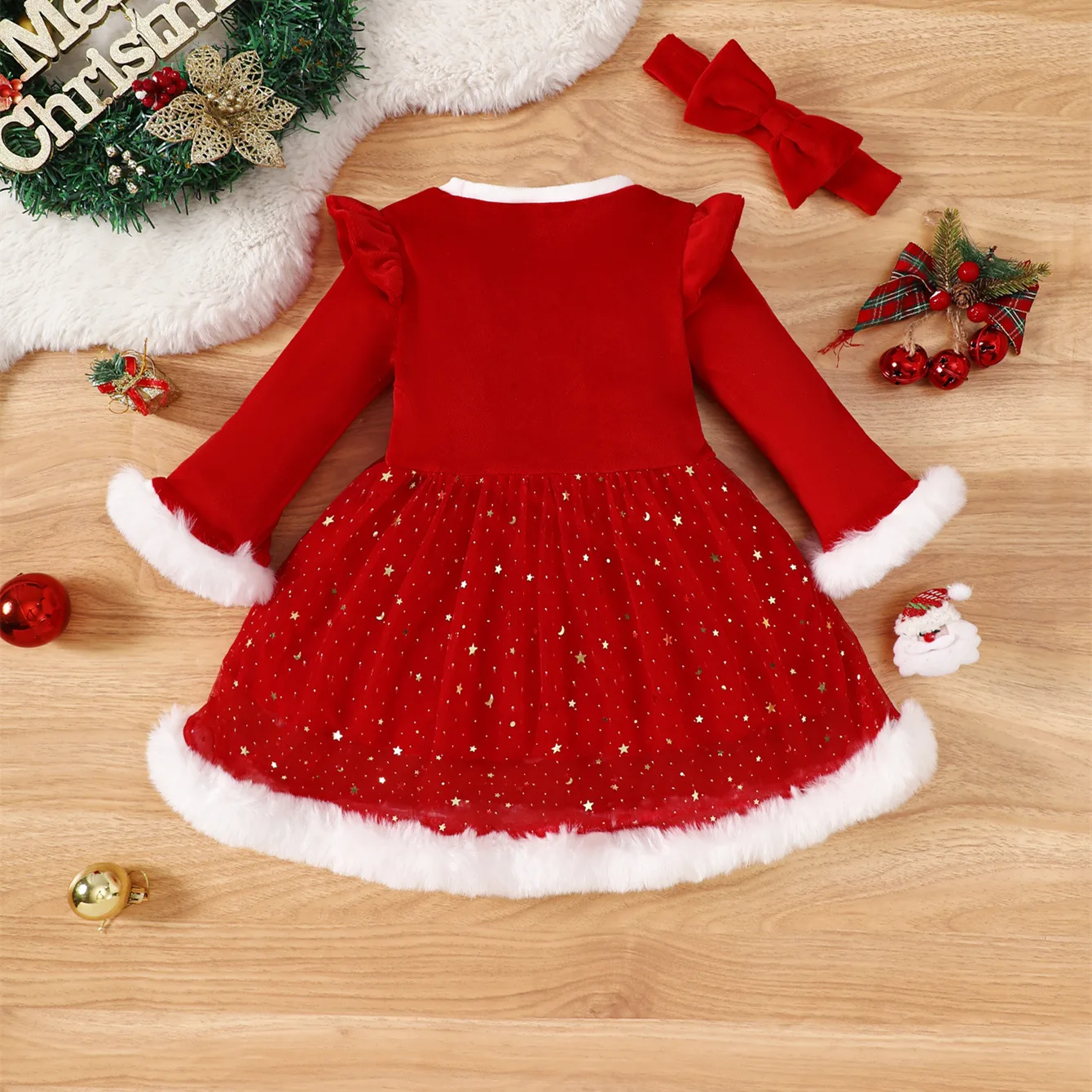 Classic Girls Christmas Sweater Long Sleeve Party Dress Red Christmas Dresses For Girls Fleece Christmas Tulle Dress