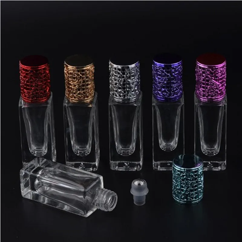 7ml Thick bottom Glass perfume roller ball bottle roll on clear vial with metal ball & gold red silver purple pink screw cap