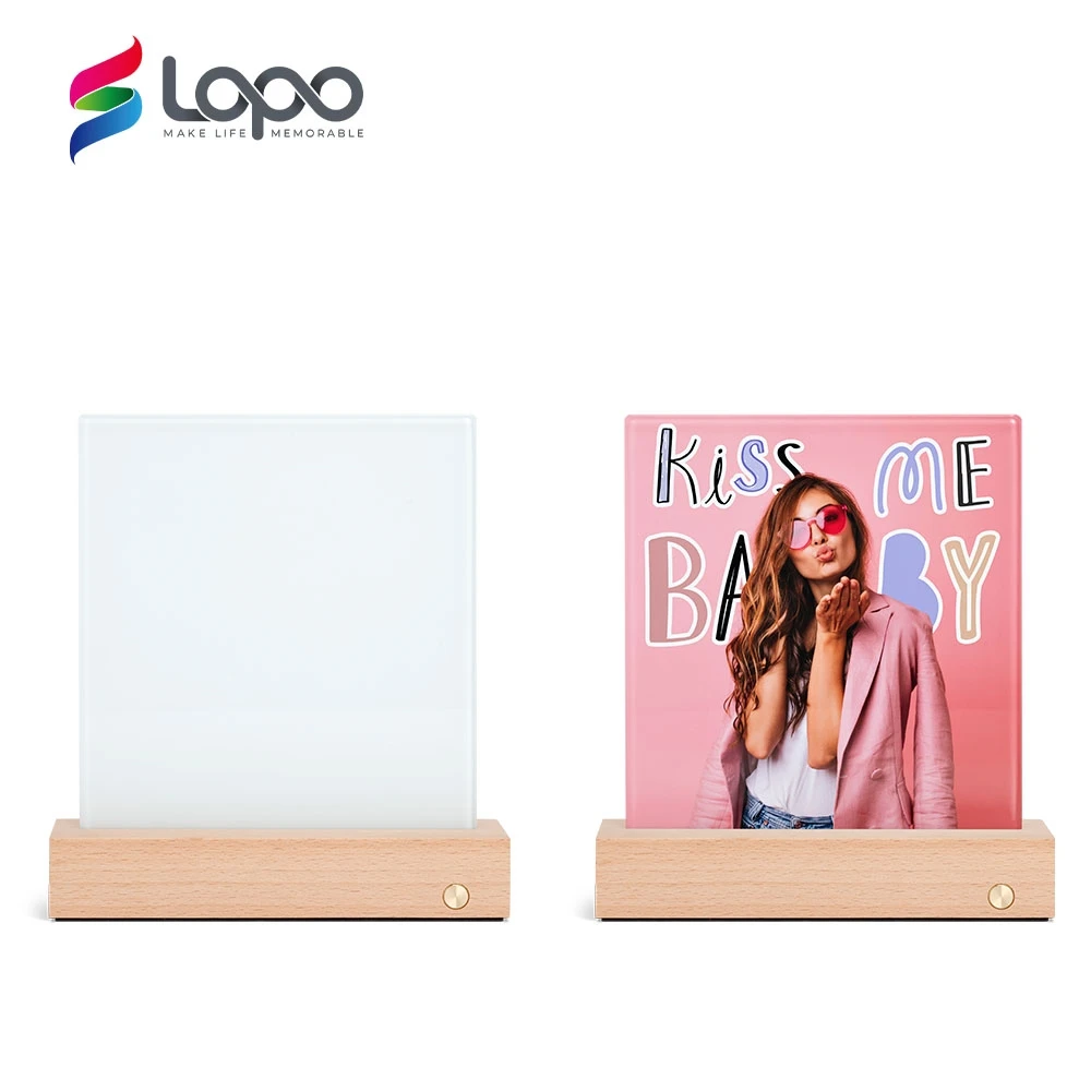New Arrival DIY Sublimation Blanks Wood Base Glass Photo Panel With Led Base Sublimation Led Photo Frame