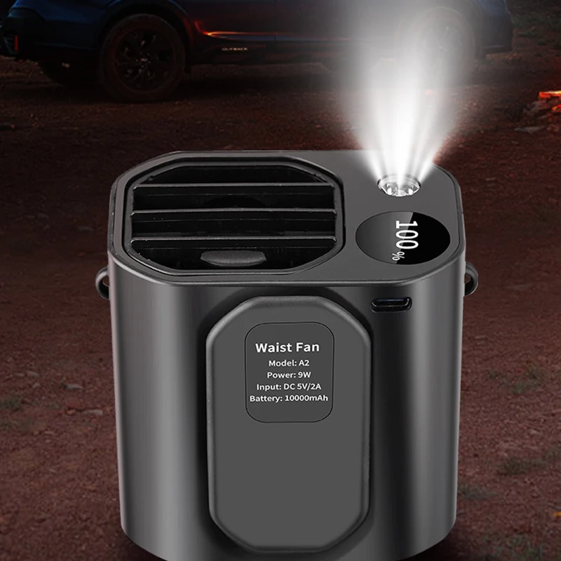 10000mAh Portable Waist Fan 3 Winds Speed  With LED Light As Outdoor Power Bank