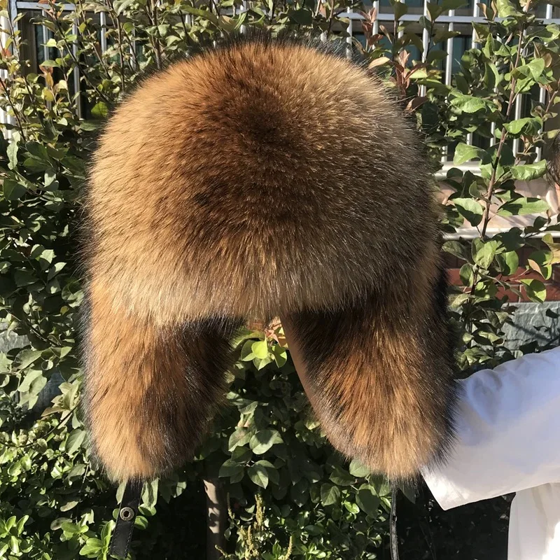 RXFurs Russian Custom Classic Furry Winter Outdoor Ear Flaps Luxury Warm Full Natural Raccoon Big Hood Real Fur Hats For Men