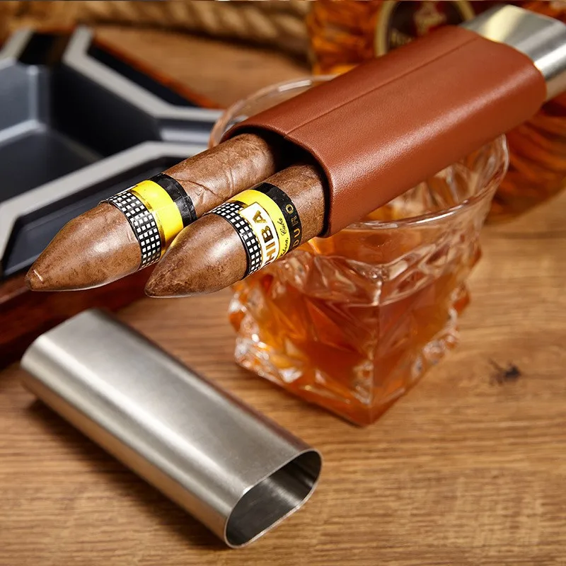 Portable Travel Genuine Leather Cigar Case With Stainless Steel Cigar Humidor Holds 2 Pcs Cigar Tube