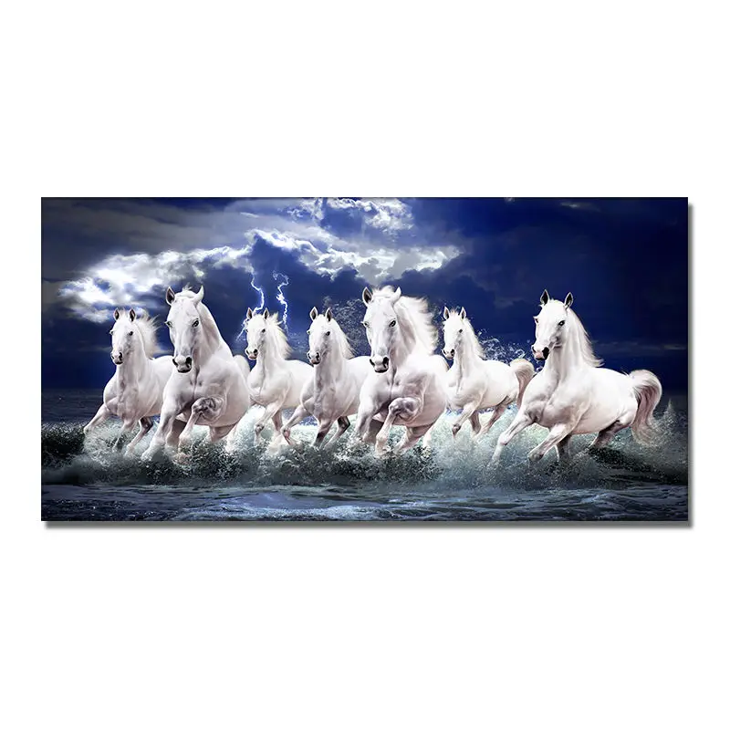 Wholesale seven running white horses animal canvas painting modern gold poster and decorative art crystal porcelain painting