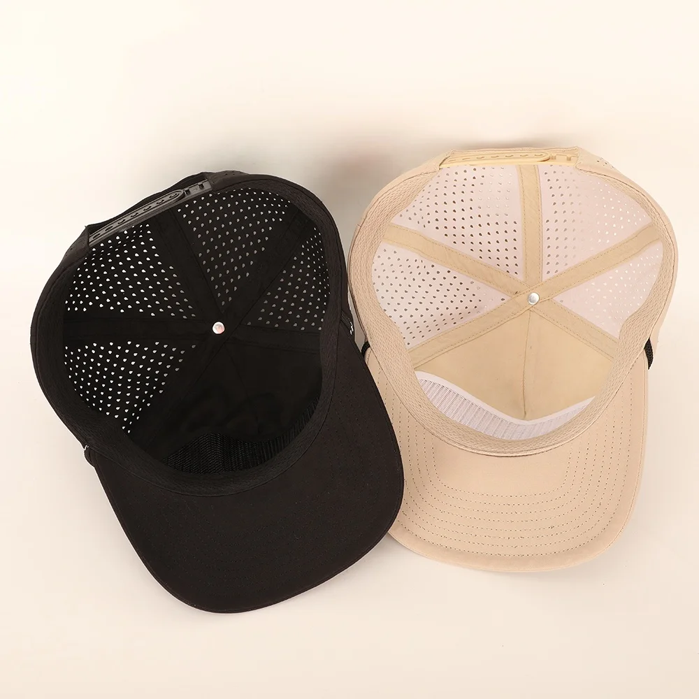 Wholesale Custom Embroidery Logo 5 Panel Dad Hat High Quality Polyester Golf Gorras,Laser Cut Hole Sport Rope Black Baseball Cap