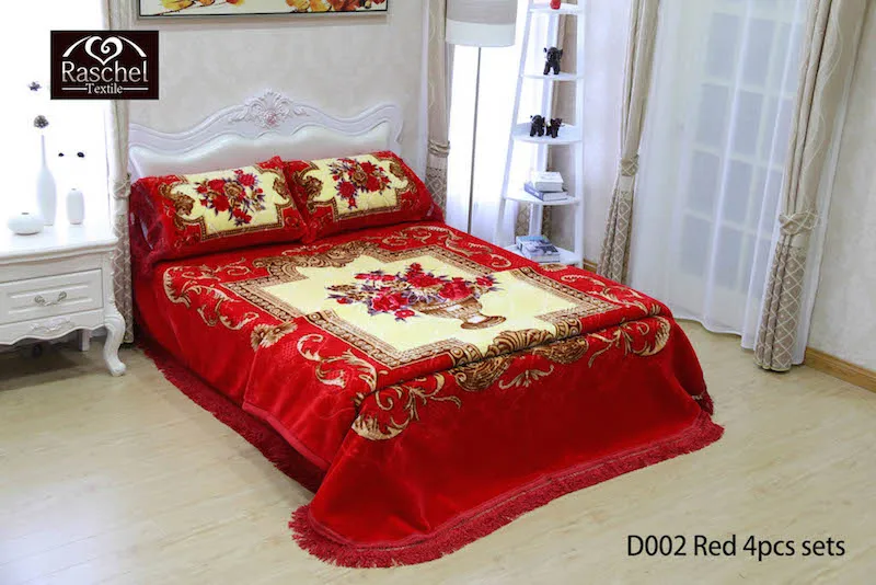 100% Polyester Embossed Dubai style korean with logo classic design raschel mink blanket set