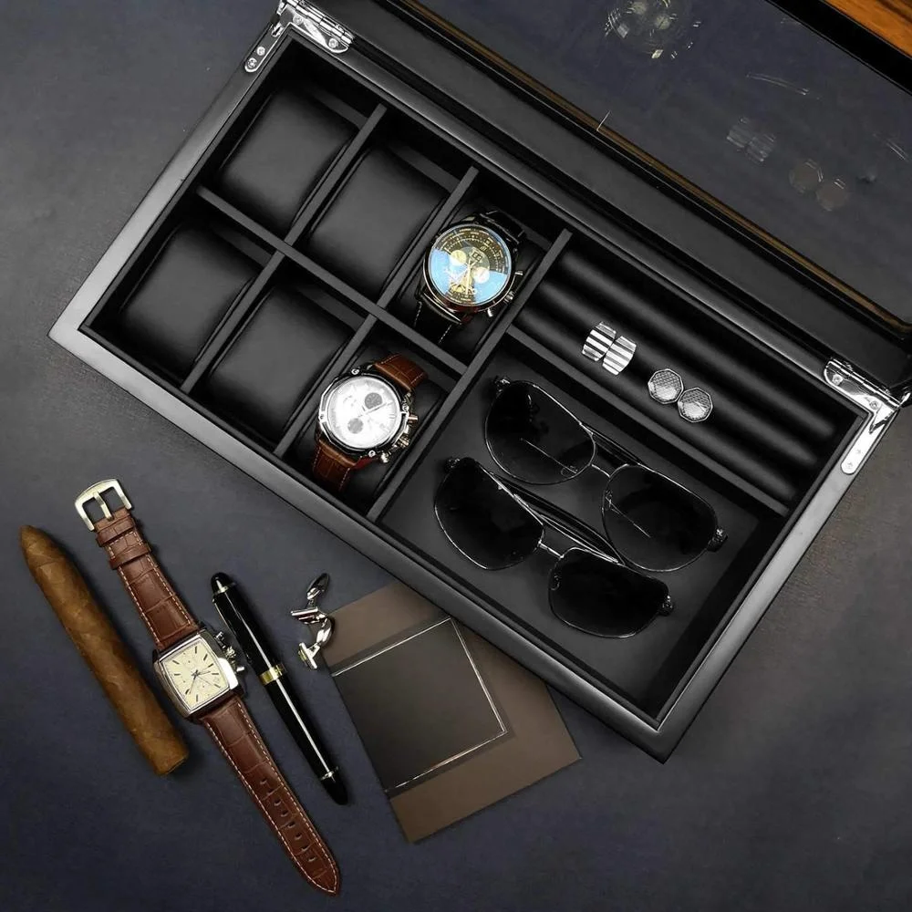 amazon OEM Custom Luxury Ebony Burl Wood Valet Watch Box Case